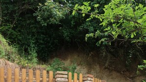 A brick wall with a wooden fence, a tiled patio, and two chickens in a garden area. - Müllers Wellness Ferienhaus (Döbrököz)
