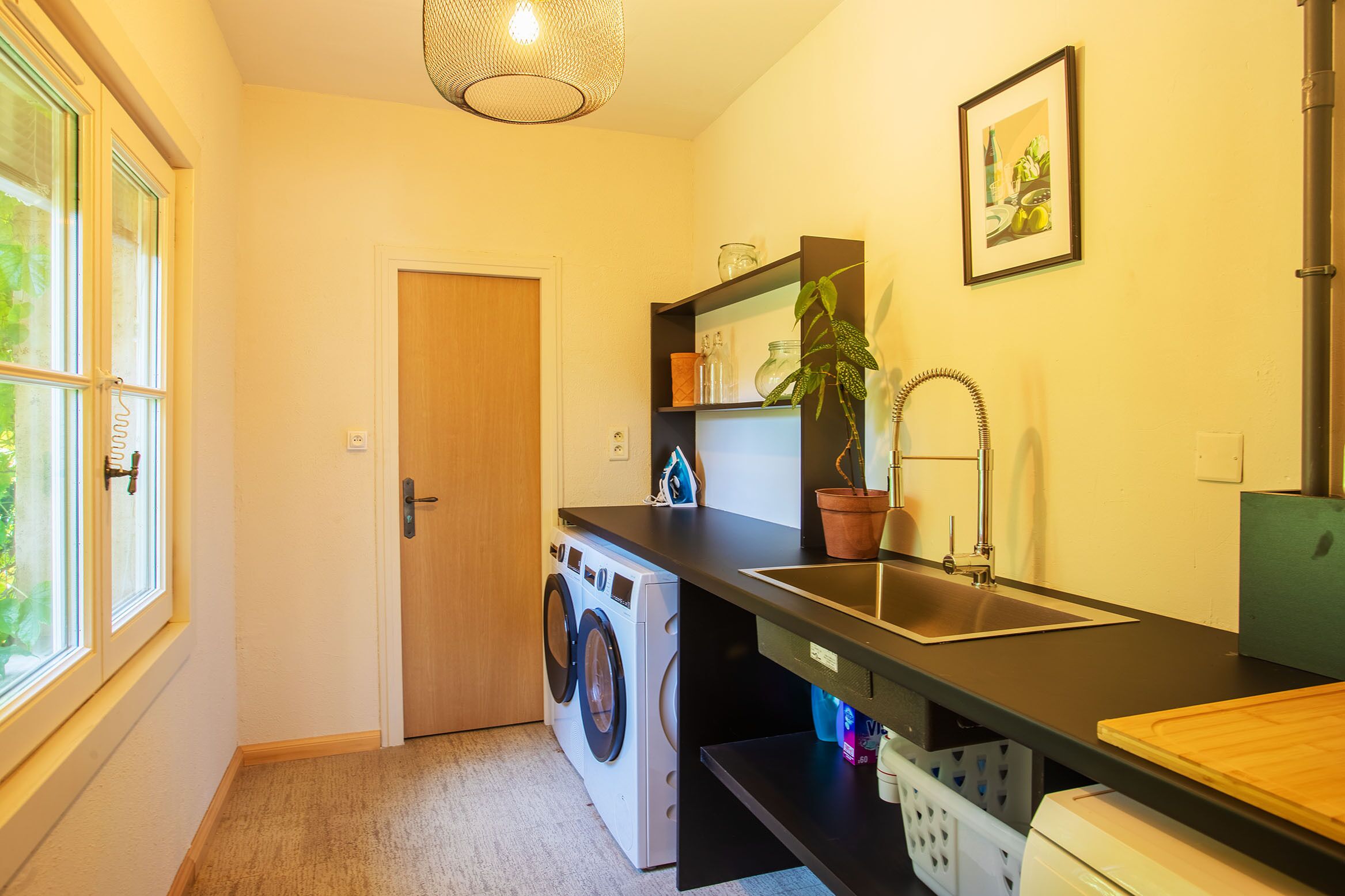 A compact kitchen with a washing machine, a sink, and a potted plant.