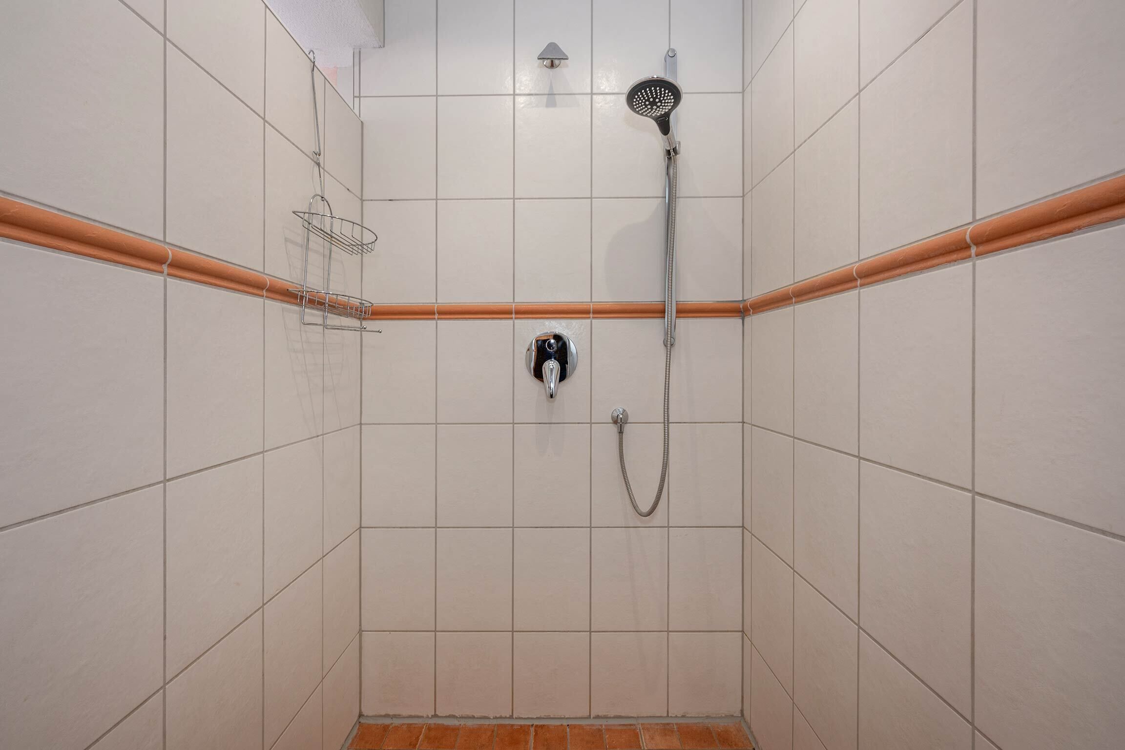 A tiled shower area with a handheld showerhead and a wall-mounted faucet.
