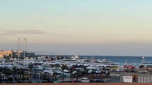 A marina with numerous boats docked, a clear sky, and a distant view of the sea.