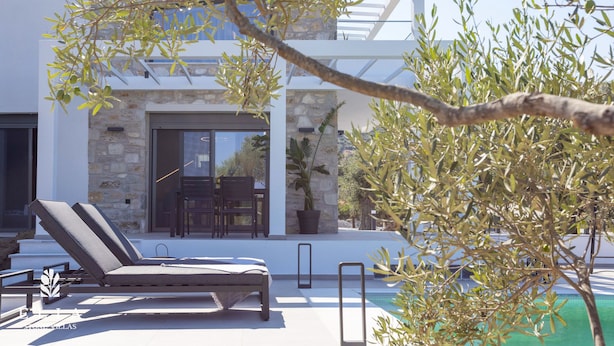 A modern outdoor lounge area with a pool, stone walls, and olive trees. - Premium Private Pool Villa, Elia Stone Villas (Thasos)