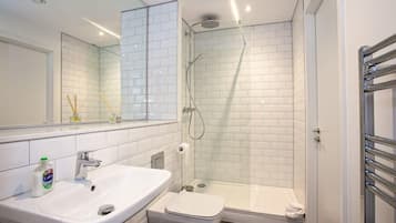 Shower, hair dryer, towels, shampoo