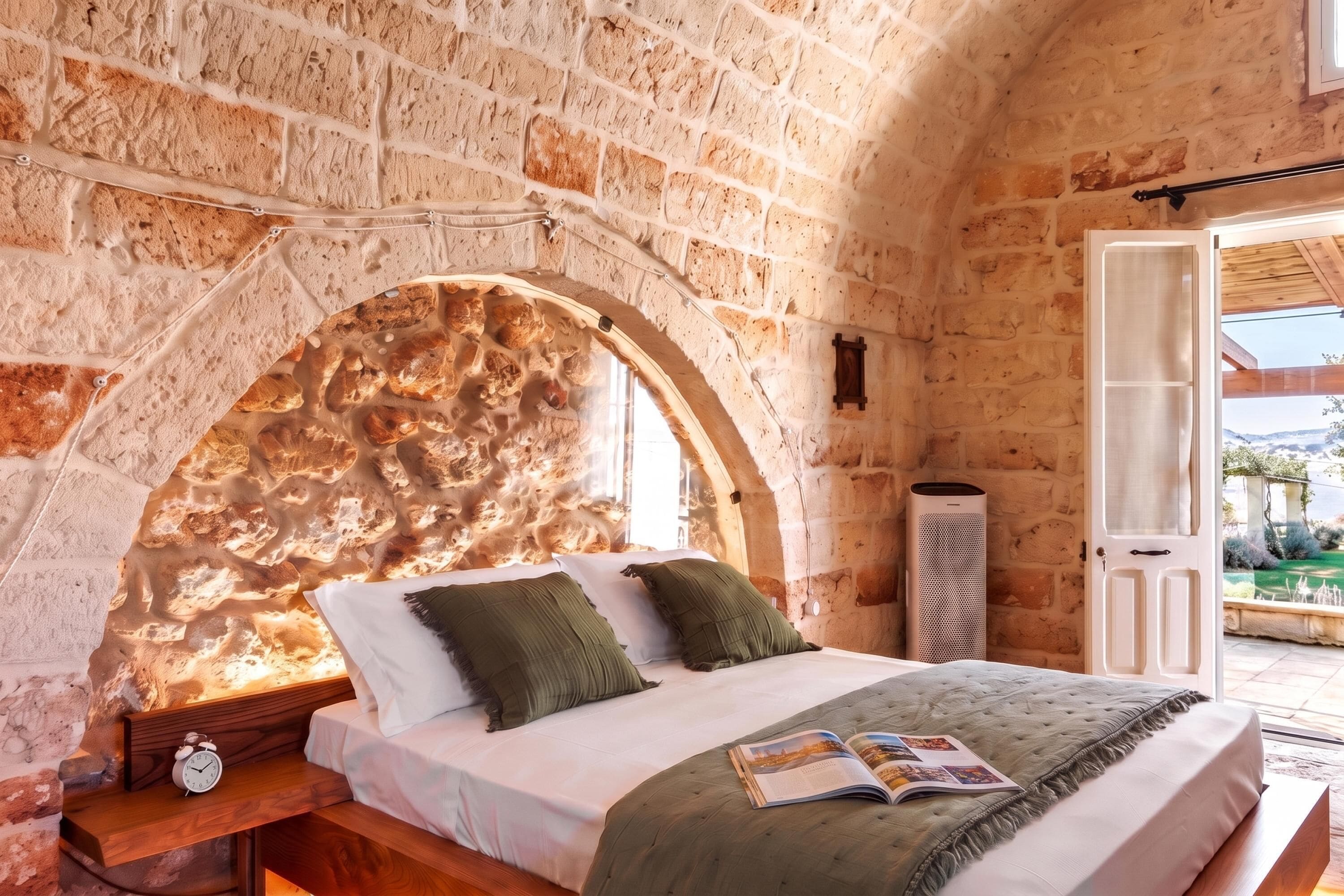 Een slaapkamer met een stenen muur, een bed met kussens, een nachtkastje met een klok en uitzicht op het landschap.