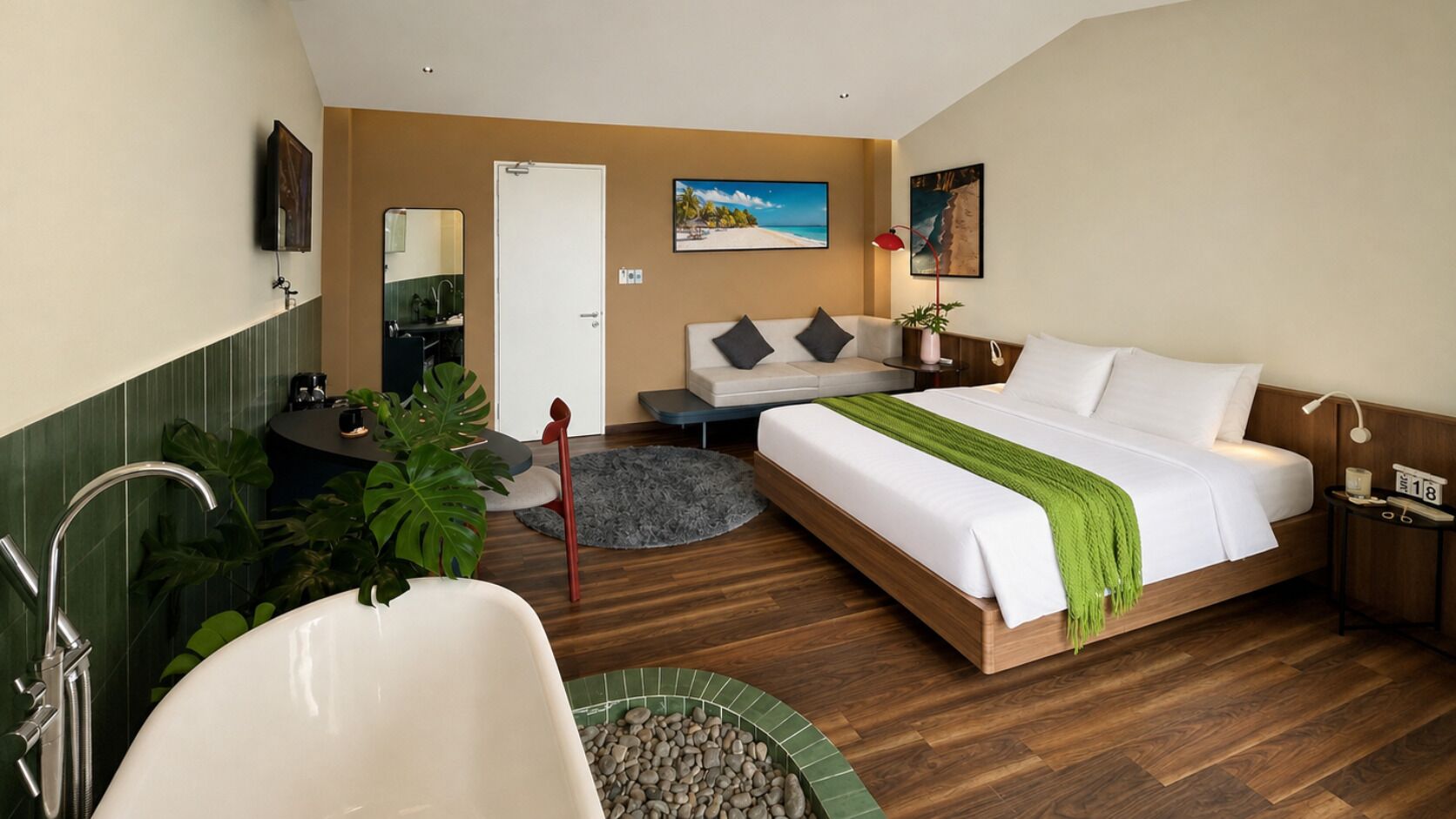 A hotel room with a bed, a desk, a chair, a sink, and a bathtub.