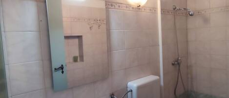 A bathroom with a sink, mirror, shower, and toilet.