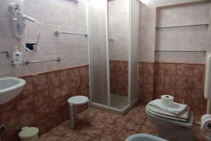 Shower, hair dryer, bidet, towels