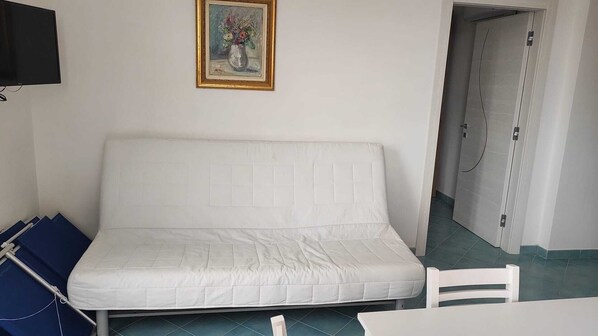 Un alojamiento pequeño y de una sola habitación, con un sofá blanco, un cuadro en la pared y una puerta que da a otra estancia.
