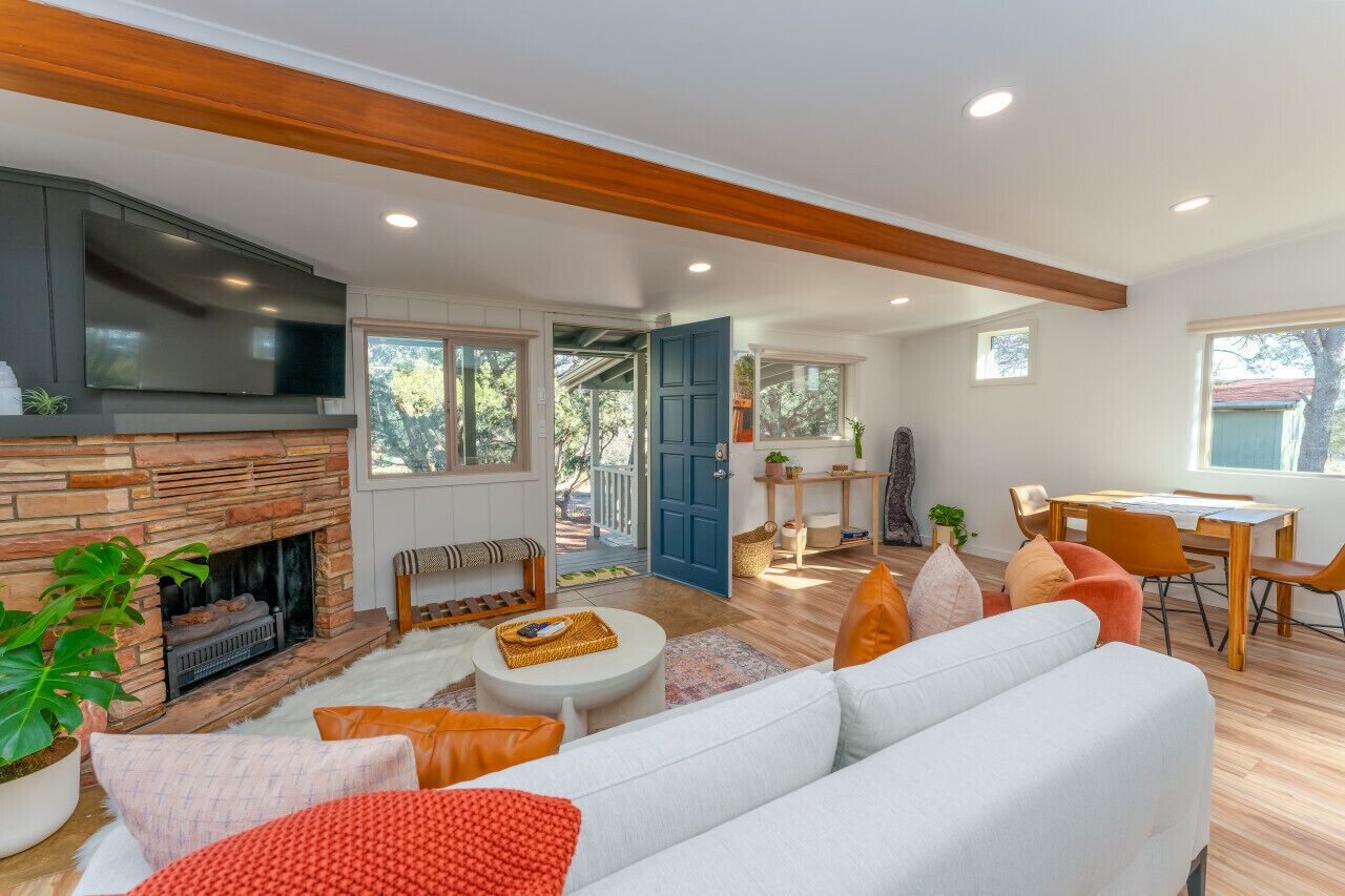 Smart TV, fireplace, books