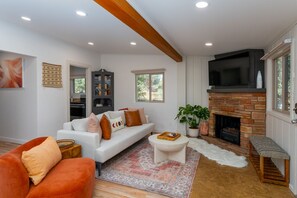 Smart TV, fireplace, books