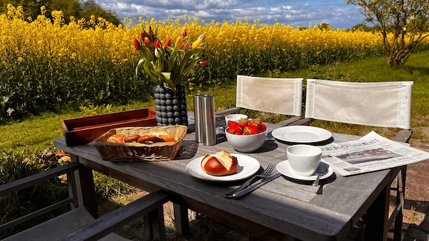 A picnic setup with a table, chairs, food, and a field of yellow flowers in the background. - Captains Lodge - Bathtub, Shower, Terrace, Grill, Secluded & Close to the Beach (Steinbergkirche)