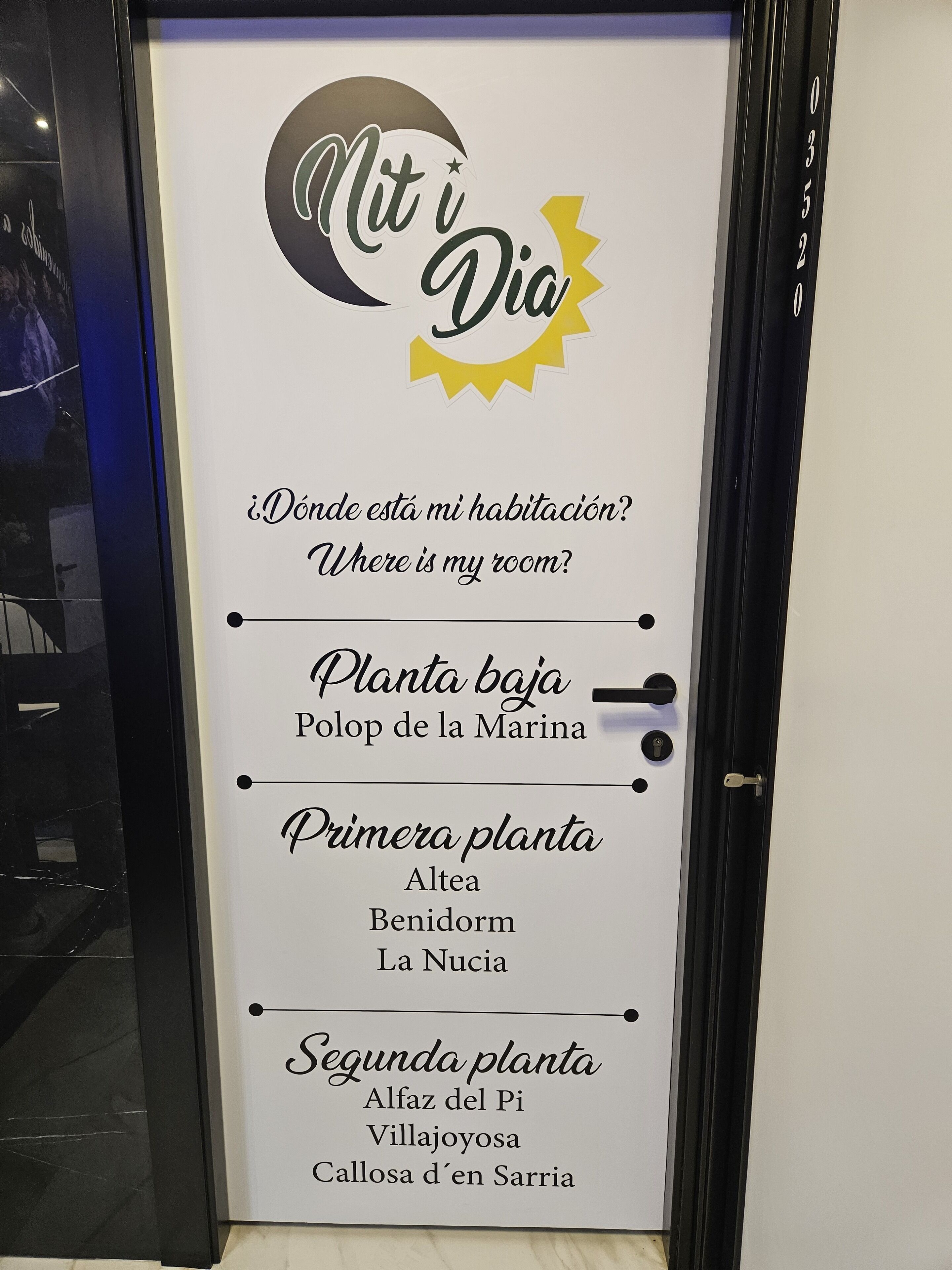A hotel room sign with room names and directions.