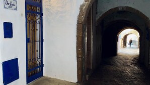 A narrow alleyway with a cobblestone floor, an arched stone bridge, and a blue door with a metal gate.