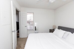 1 bedroom, desk, iron/ironing board, travel cot