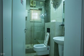 A bathroom with a toilet, a sink, a shower, and a glass-enclosed shower area.