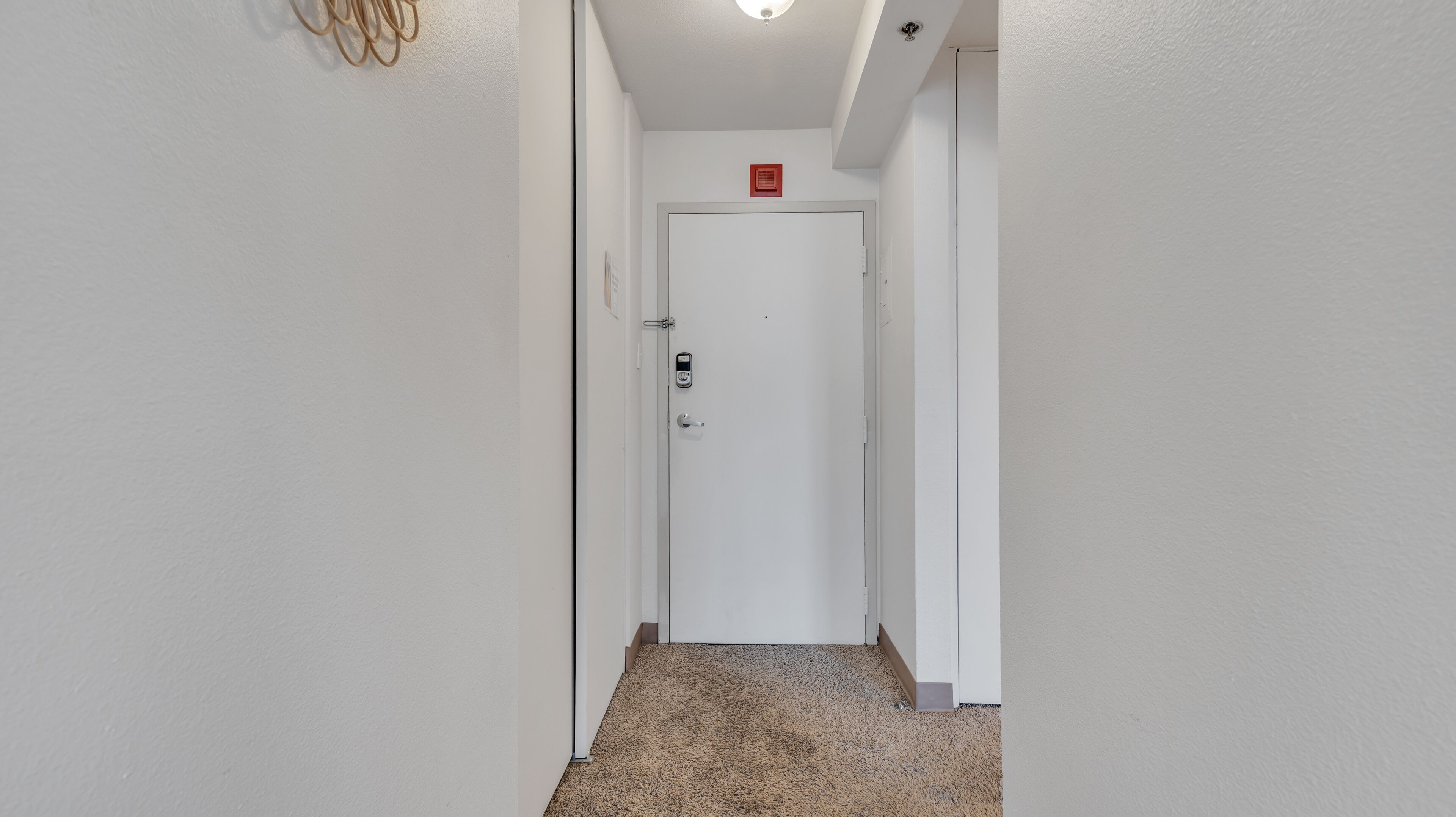 A narrow hallway with a white door at the end, carpeted floor, and a ceiling light fixture.