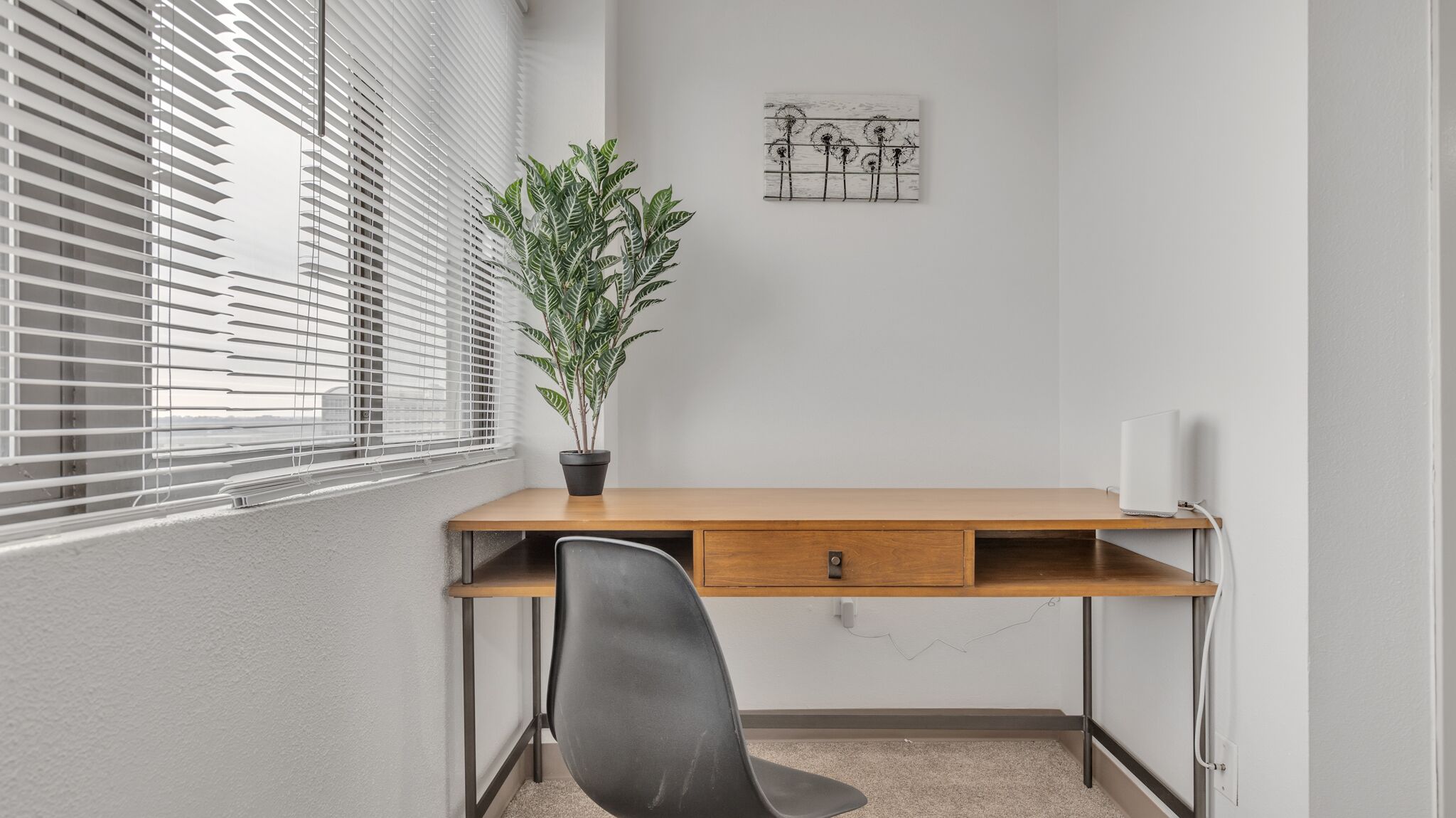 A small office space with a wooden desk, a black chair, a potted plant, and a wall-mounted artwork.