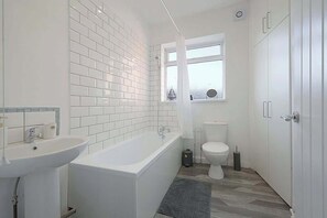 Shower, hair dryer, shampoo