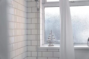 Shower, hair dryer, shampoo