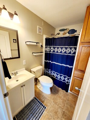 Une salle de bain équipée de toilettes, d’un lavabo, d’un miroir et d’un rideau de douche.