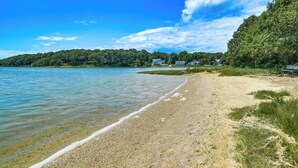 Une plage offrant une vue dégagée sur l’eau, une rive sablonneuse et une zone boisée en arrière-plan.
