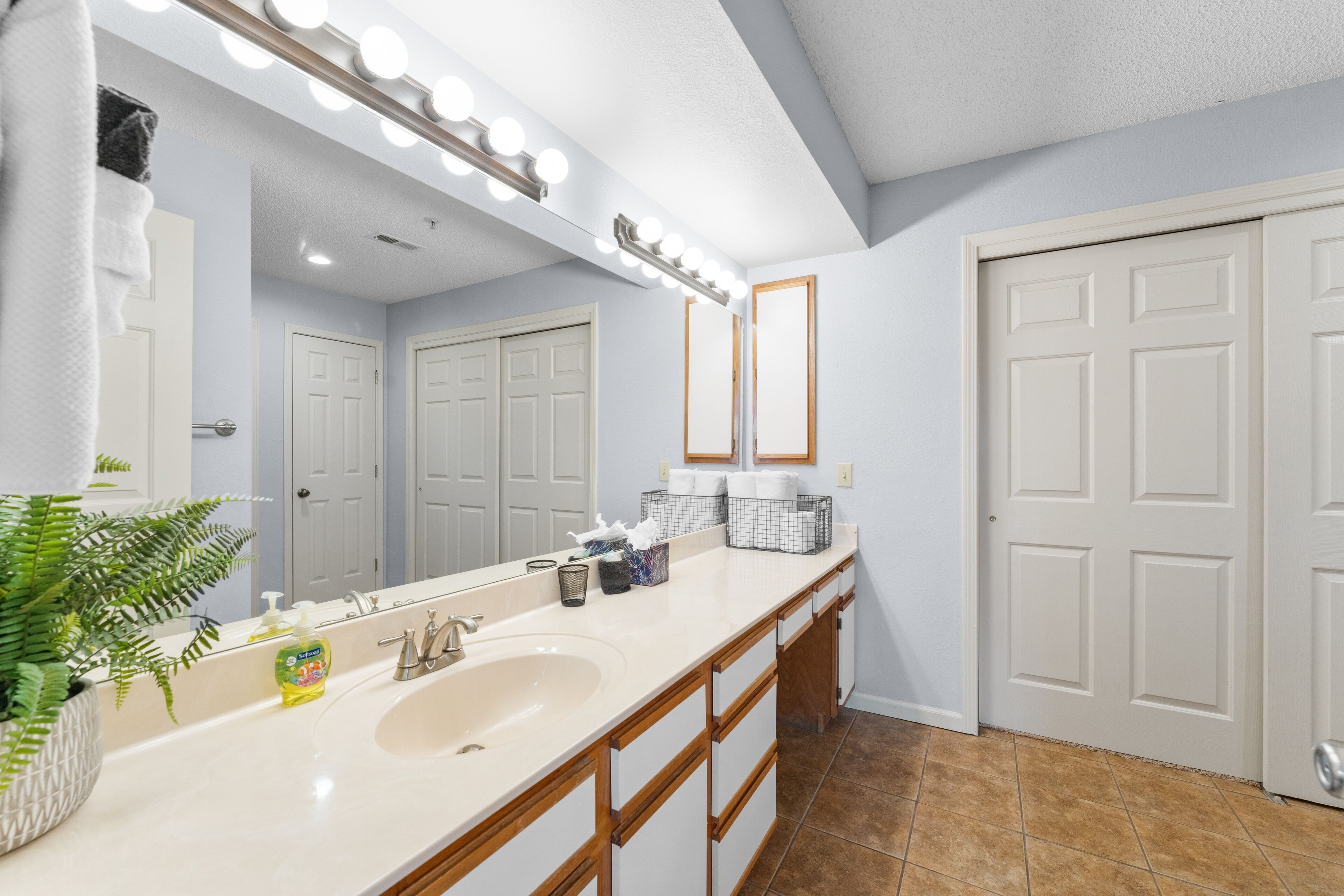 A bathroom with a large mirror, vanity, and a sink. There are two doors, one with a towel hanging on it, and a plant on the left side.
