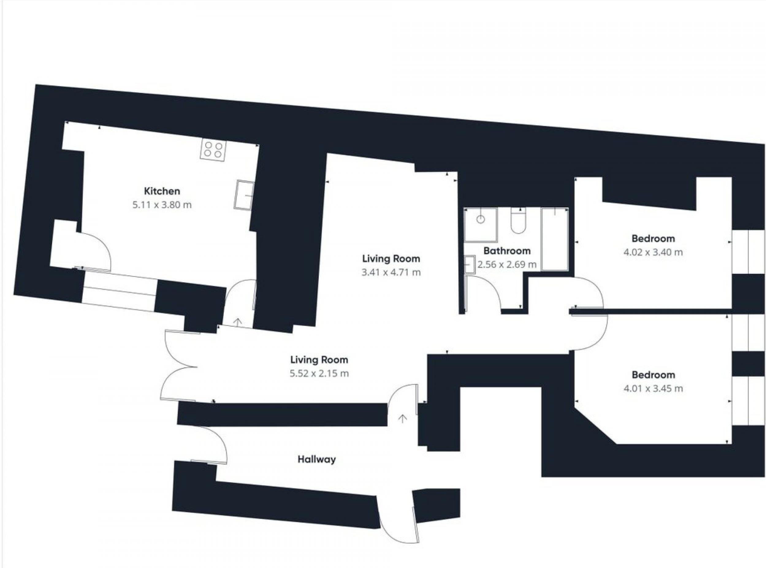 Plantegning, der viser et køkken på 5,11 x 3,80 m, to stuer på henholdsvis 3,41 x 4,71 m og 5,52 x 2,15 m, et badeværelse på 2,56 x 2,69 m, to soveværelser på 4,02 x 3,40 m og 4,01 x 3,45 m, samt en gang.