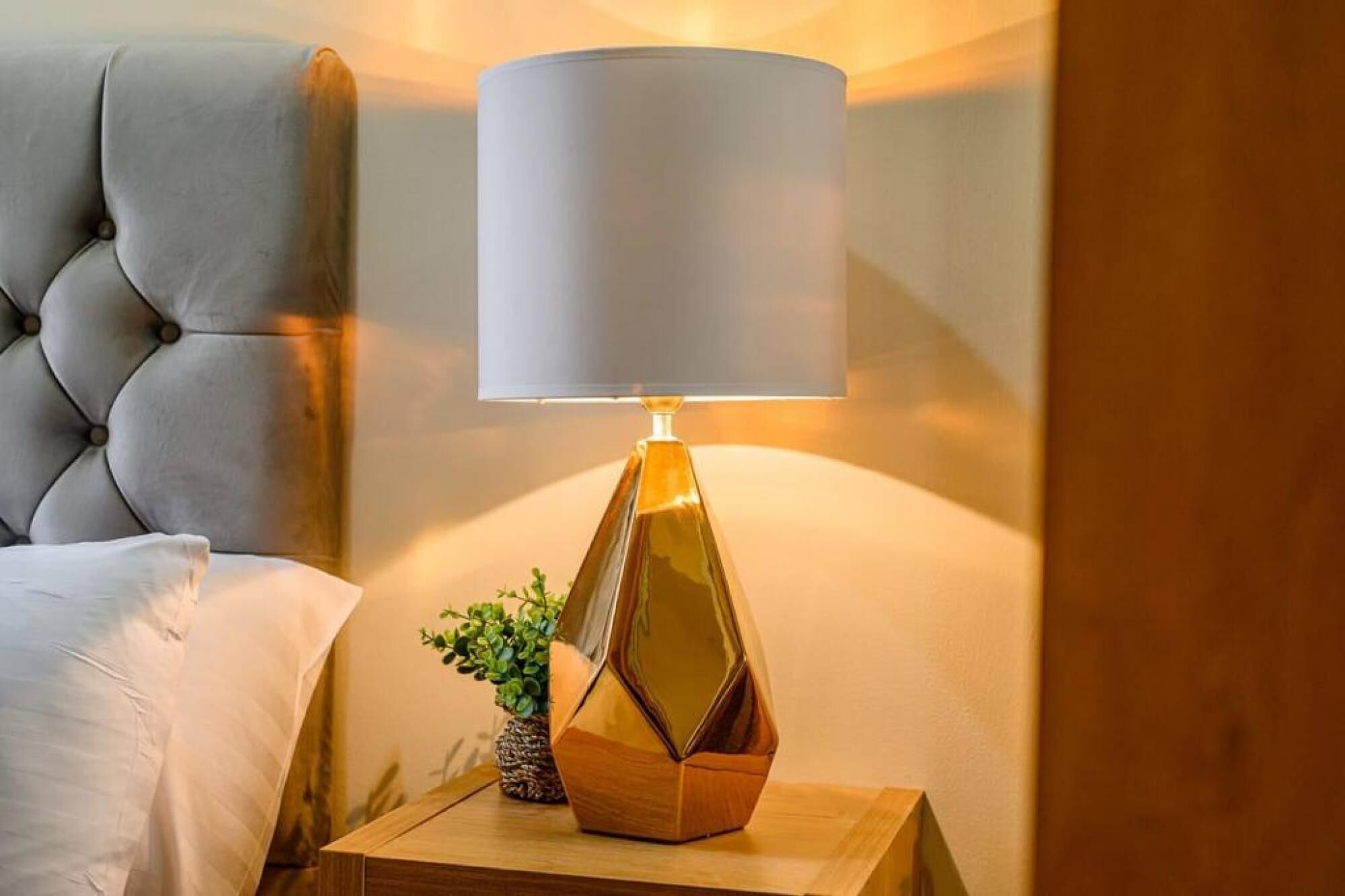 A bed with a tufted headboard, a bedside table with a geometric lamp, and a small potted plant.