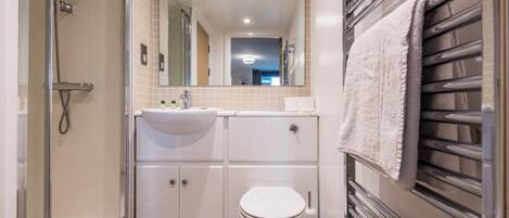A modern bathroom with a glass shower enclosure, a white sink, and a toilet.