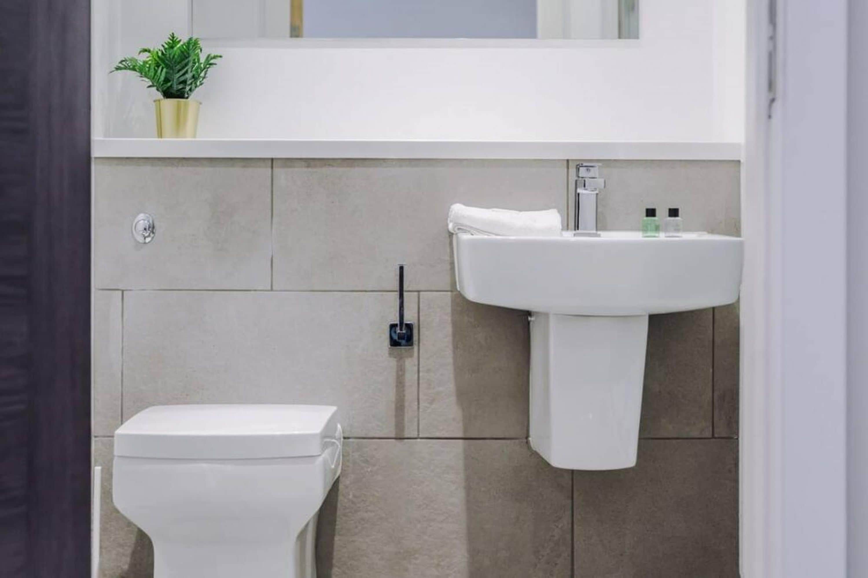 A modern bathroom with a toilet, sink, and a small potted plant on the counter.