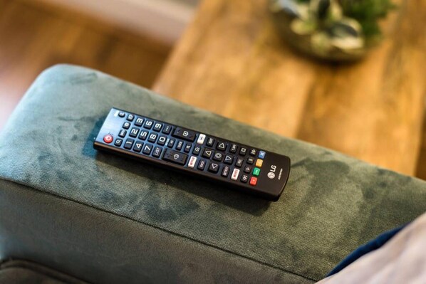 A remote control on a green couch. - Host Stay Canning Quarters I (Liverpool)