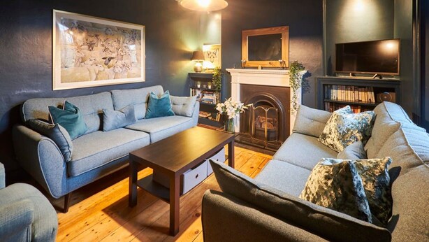 Un salon avec une cheminée, un téléviseur et un grand tableau encadré.