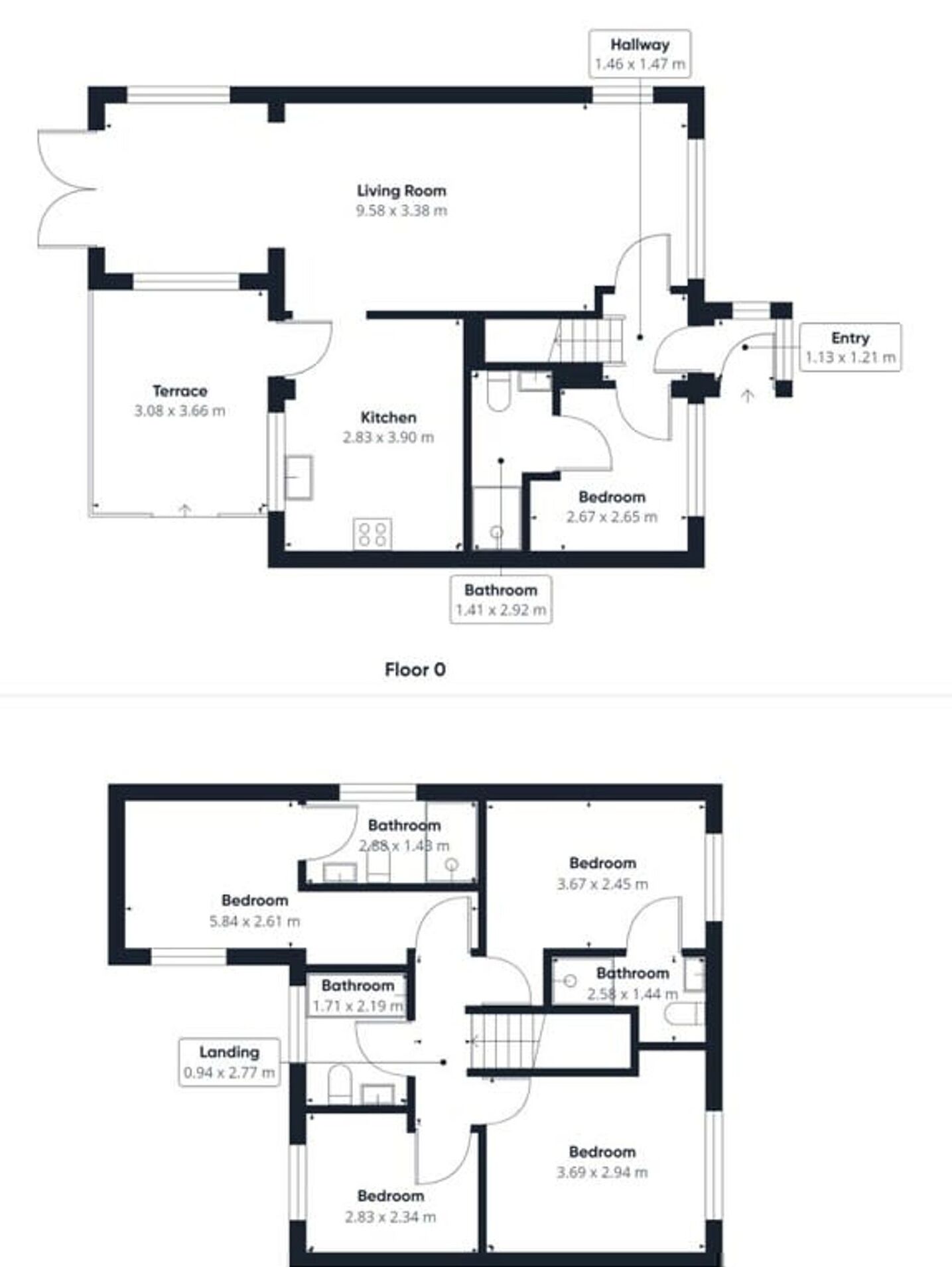 Plantegning af et hotelværelse med stue, køkken, to soveværelser, badeværelse og terrasse.