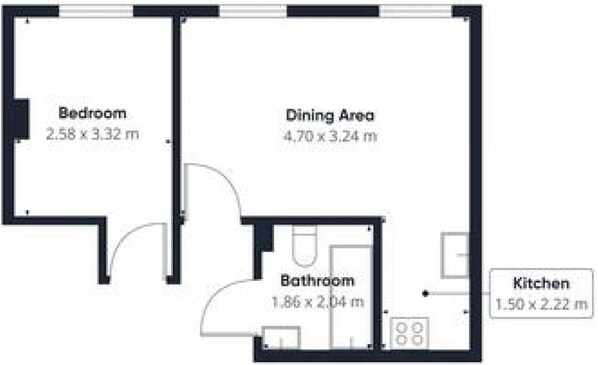 A floor plan with a bedroom (2.58 x 3.32 m), dining area (4.70 x 3.24 m), bathroom (1.86 x 2.04 m), and kitchen (1.50 x 2.22 m). - Host Stay Nunnery Fields (Canterbury)