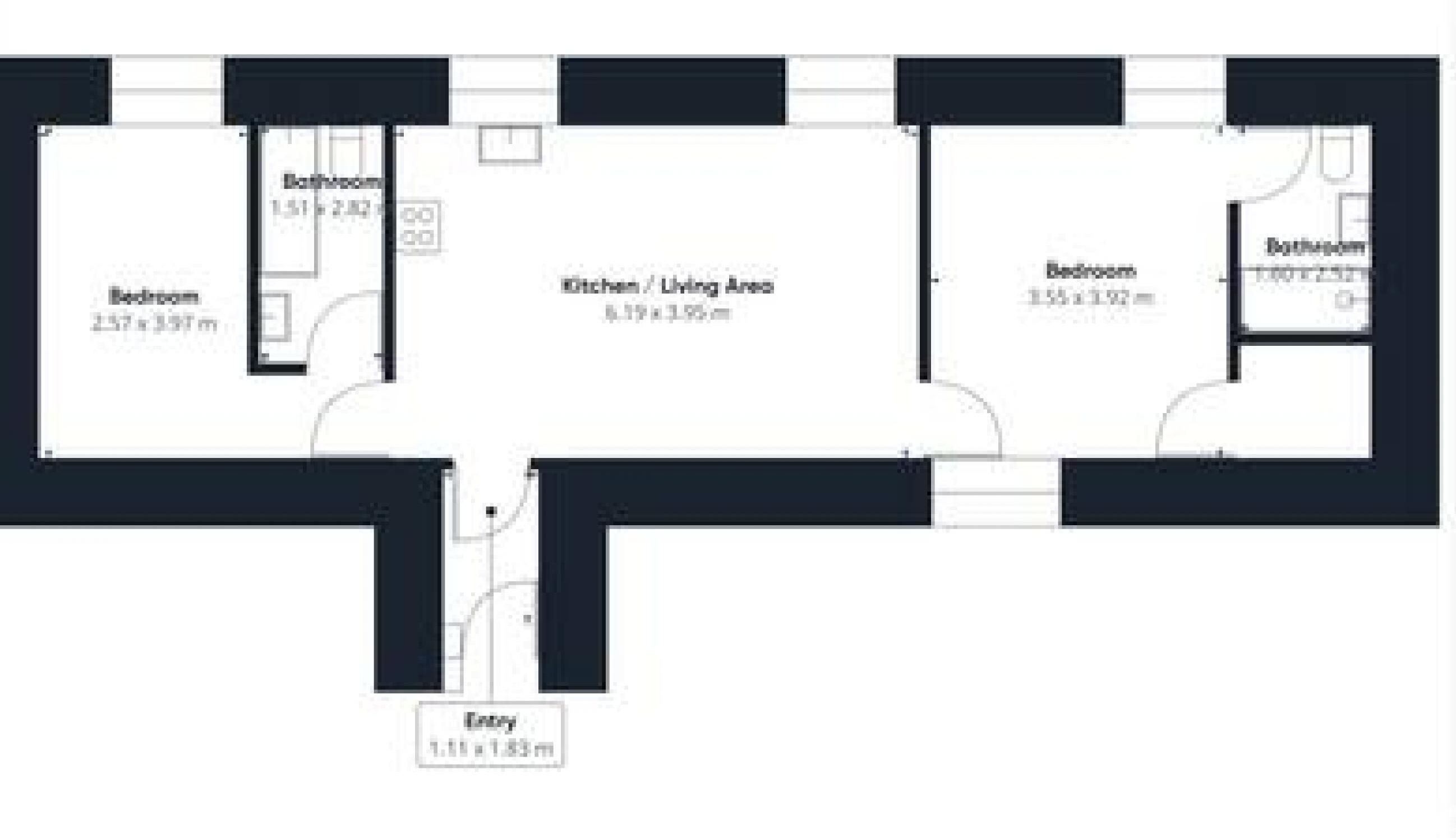 A floor plan of a hotel with a kitchen/living area, two bedrooms, two bathrooms, and an entry point.