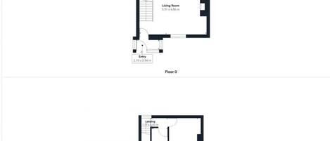 Two floor plans of a property with a living room, kitchen, bathroom, entry, landing, and two bedrooms.