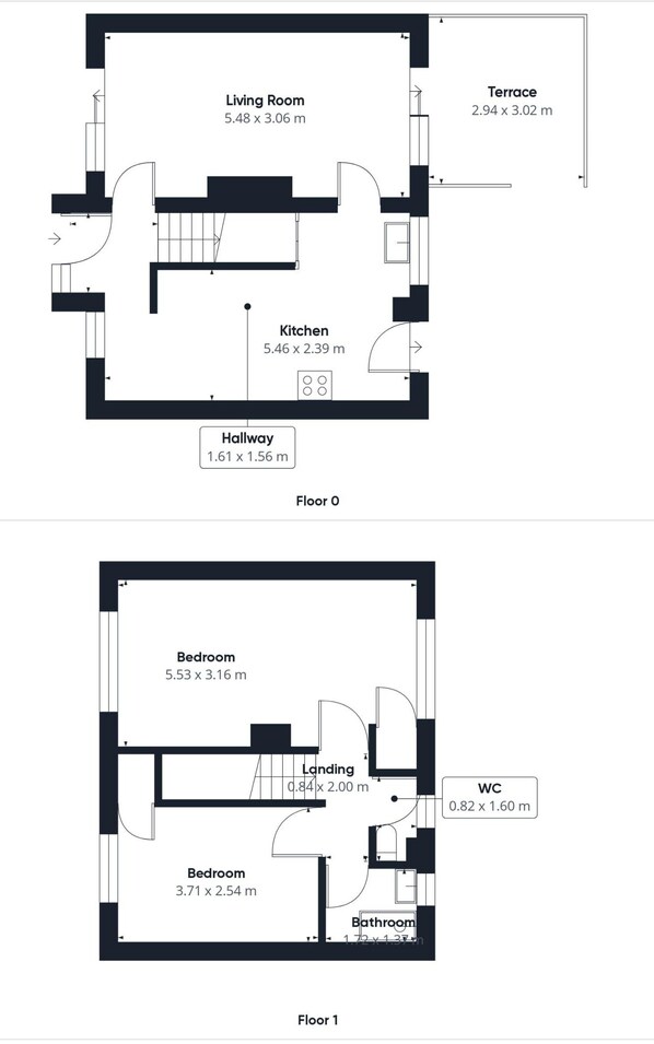 A floor plan of a house with a living room, kitchen, terrace, hallway, landing, WC, and two bedrooms. - Host Stay Marsden Beach House (South Shields)