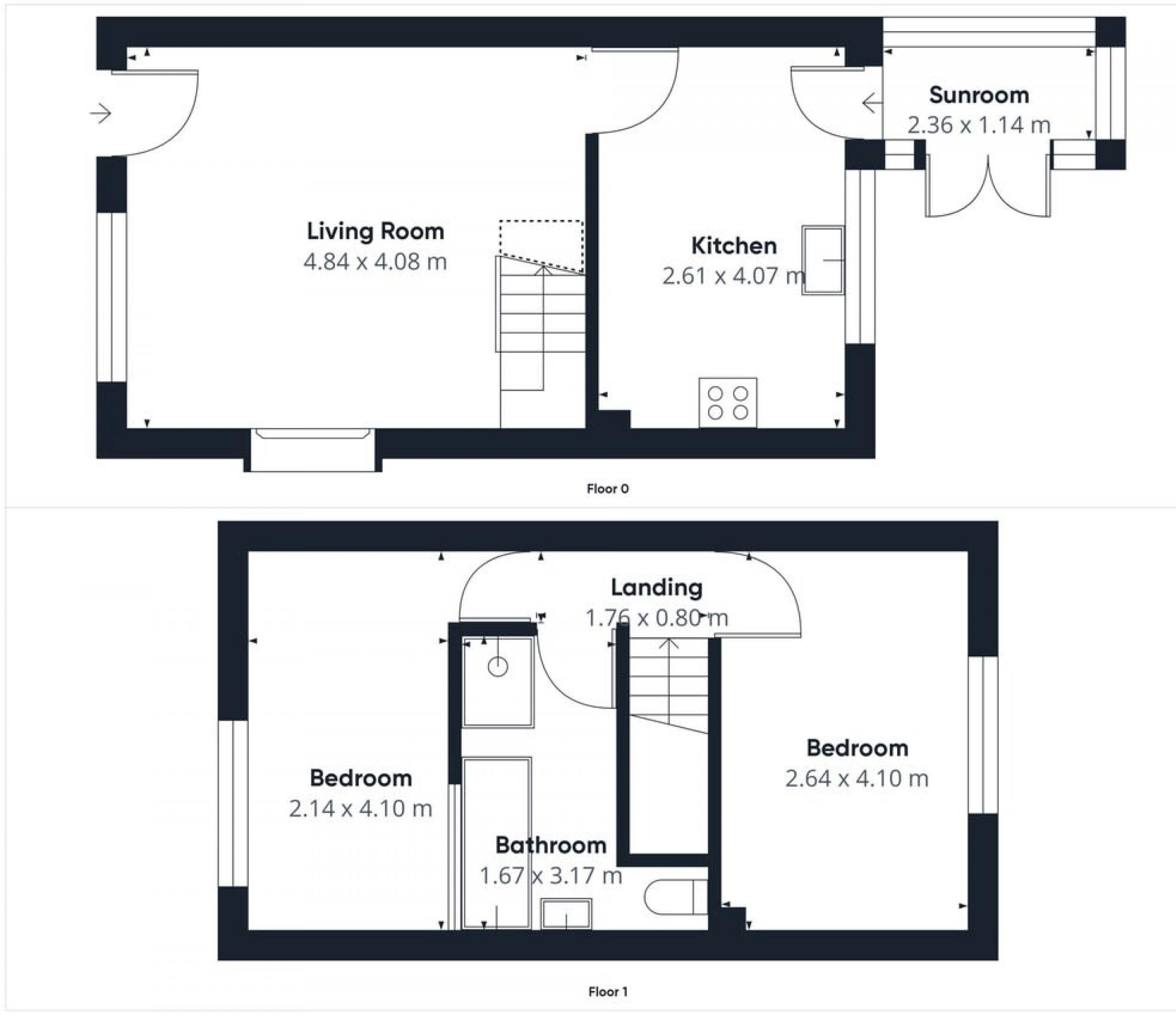 A floor plan of a house with a living room, kitchen, sunroom, landing, two bedrooms, and a bathroom.