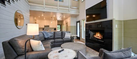Smart TV, fireplace, foosball