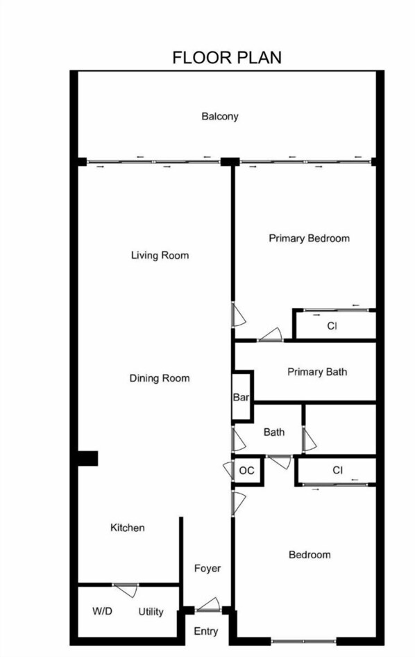 A floor plan with a living room, dining room, kitchen, balcony, primary bedroom, primary bathroom, and a bedroom. - 2 bedroom, 2 bath Gulf-front condo! (Destin)