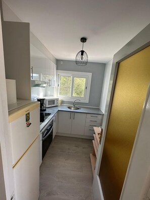 Frigorífico, microondas, horno y placa de cocina