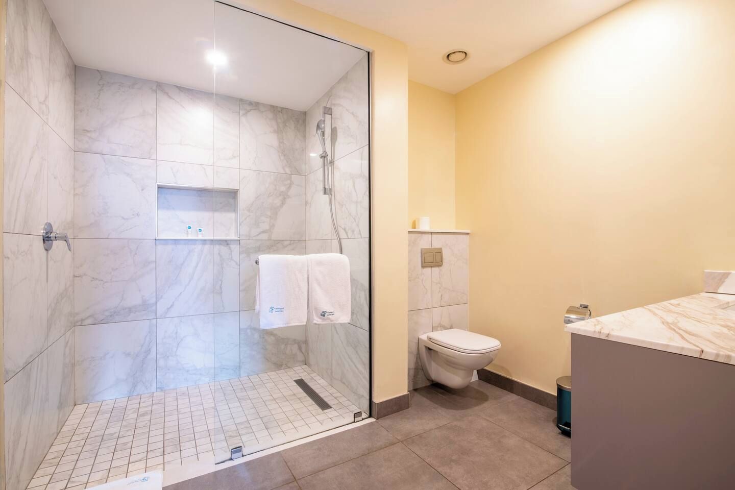Un baño moderno con ducha envuelta en vidrio, inodoro y tocador de mármol.