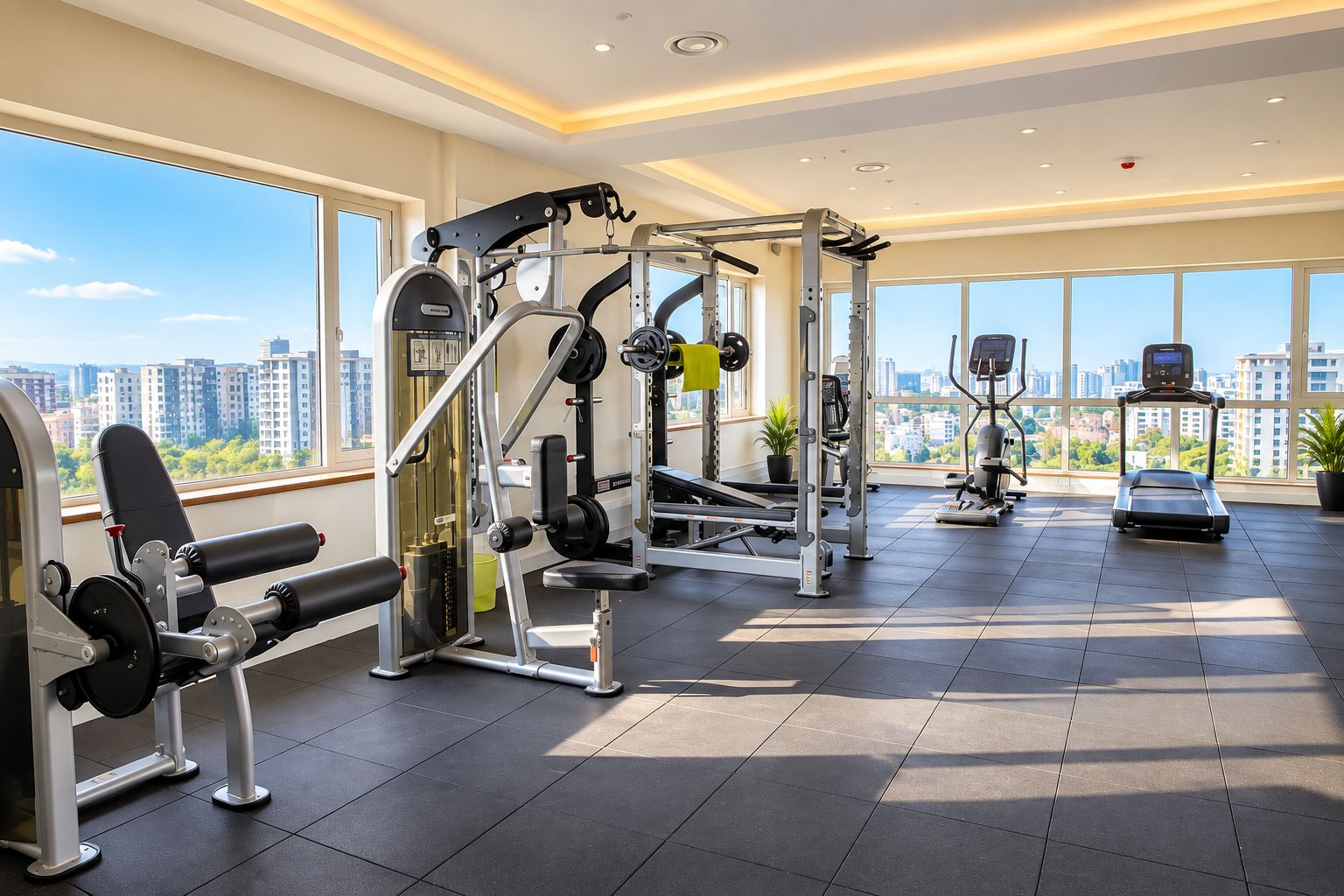 Un gimnasio con diversos equipos de ejercicio, amplias ventanas y vistas a la ciudad, además de una cinta de correr.