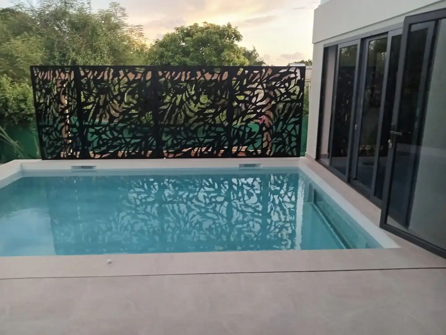 Une piscine extérieure moderne, dotée d’un design géométrique, entourée d’une clôture décorative et agrémentée de portes vitrées.