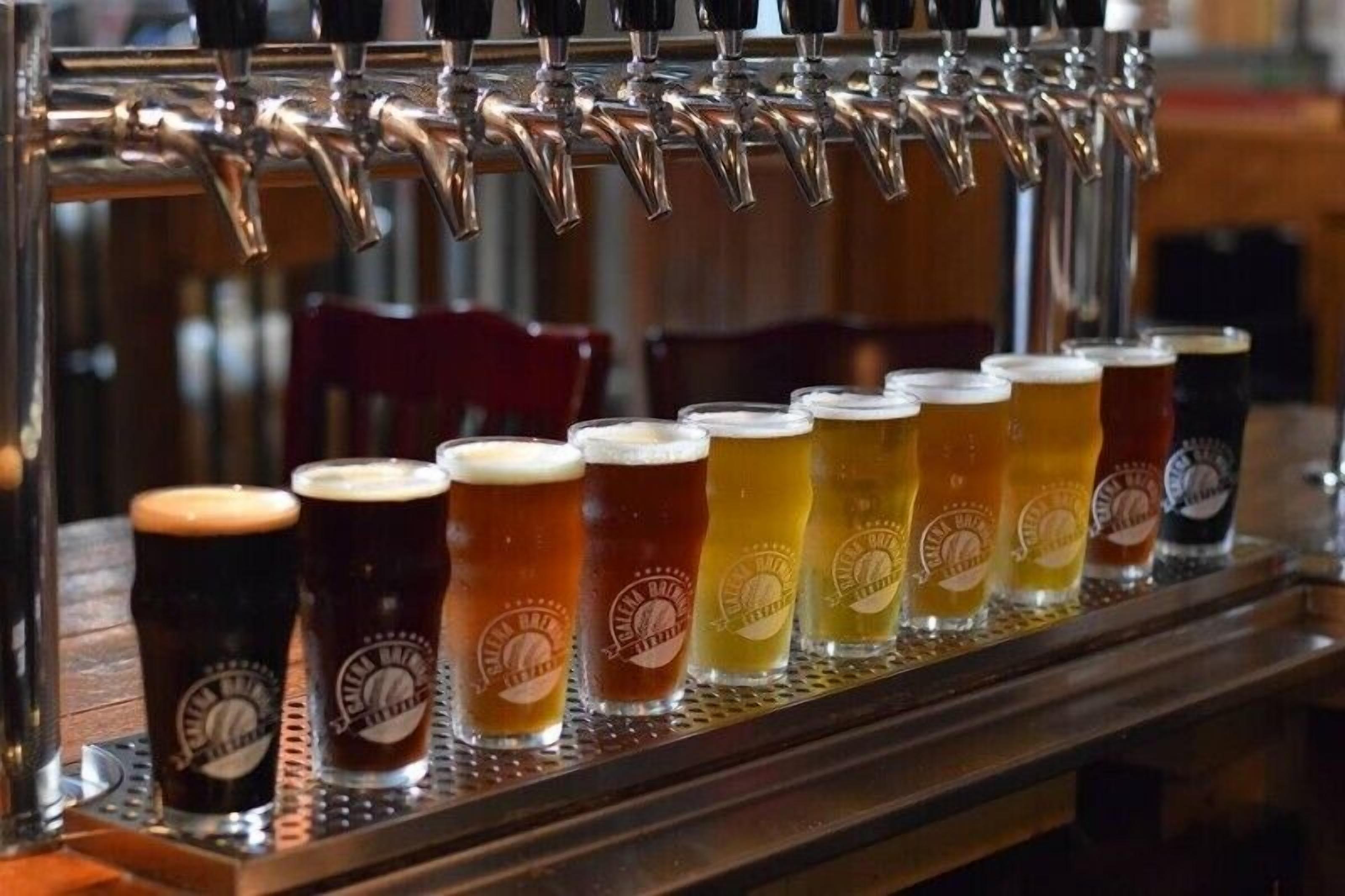 Un bar con varias griferías de cerveza y una variedad de vasos llenos de diferentes tipos de cerveza.