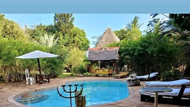 A swimming pool with lounge chairs and a thatched-roof structure in a tropical setting. - Spice of the coast  (Diani Beach)