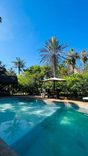 A clear blue pool with a lounge area, palm trees, and a thatched-roof structure.