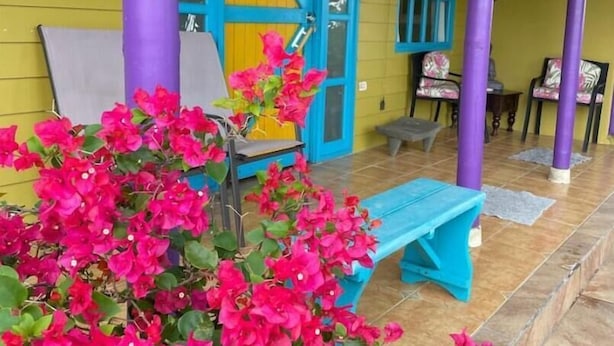 A porch with a bench and chairs, surrounded by vibrant bougainvillea flowers. - Tu Mejor Opción de Hospedaje en Laguna Hule (Río Cuarto)