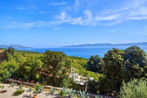 Un paysage côtier caractérisé par une végétation luxuriante et une vue sur la mer.