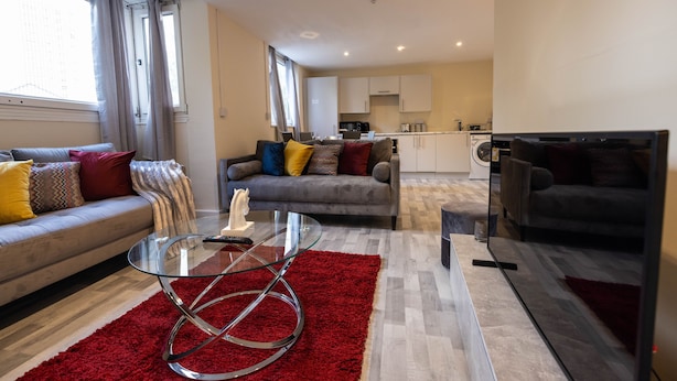 Una sala de estar moderna con un sofá gris, alfombra roja y una mesa de centro de vidrio.
