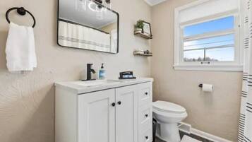 Hair dryer, towels, soap, shampoo